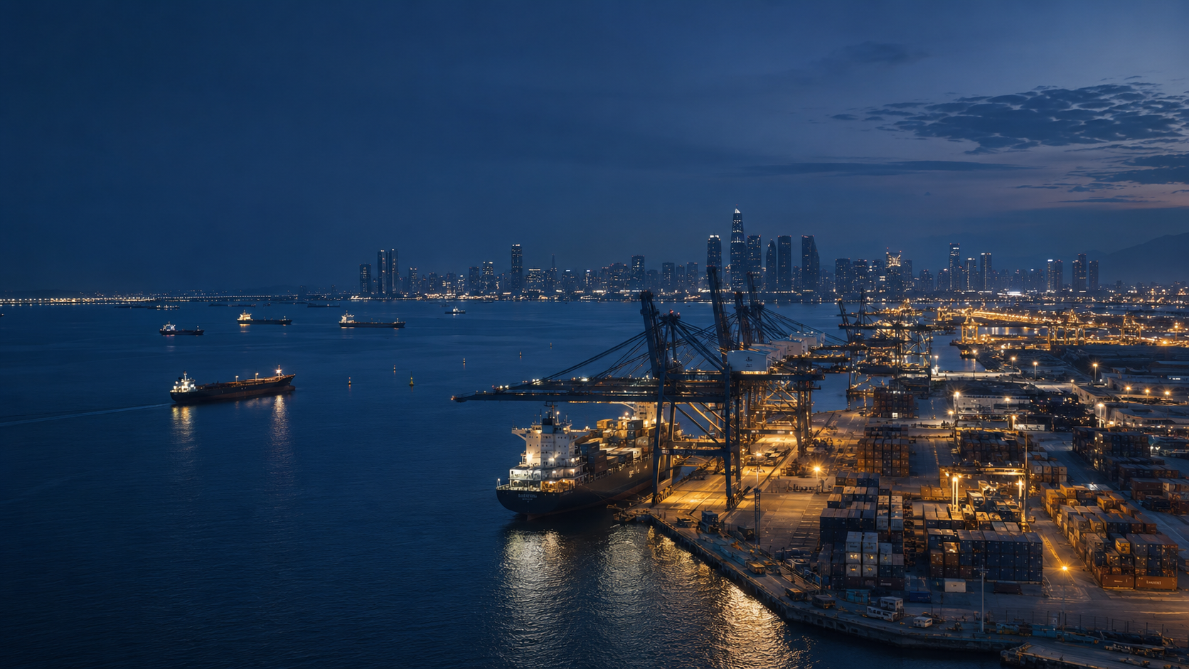 International port and commercial centre at blue hour
